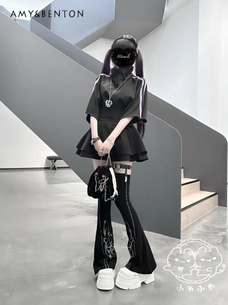 

Japanese Subculture Gothic Sports Suit Harajuku Style Patchwork Color Mid-Sleeve Jacket High-Waisted Mini Skirt Punk Style Suit