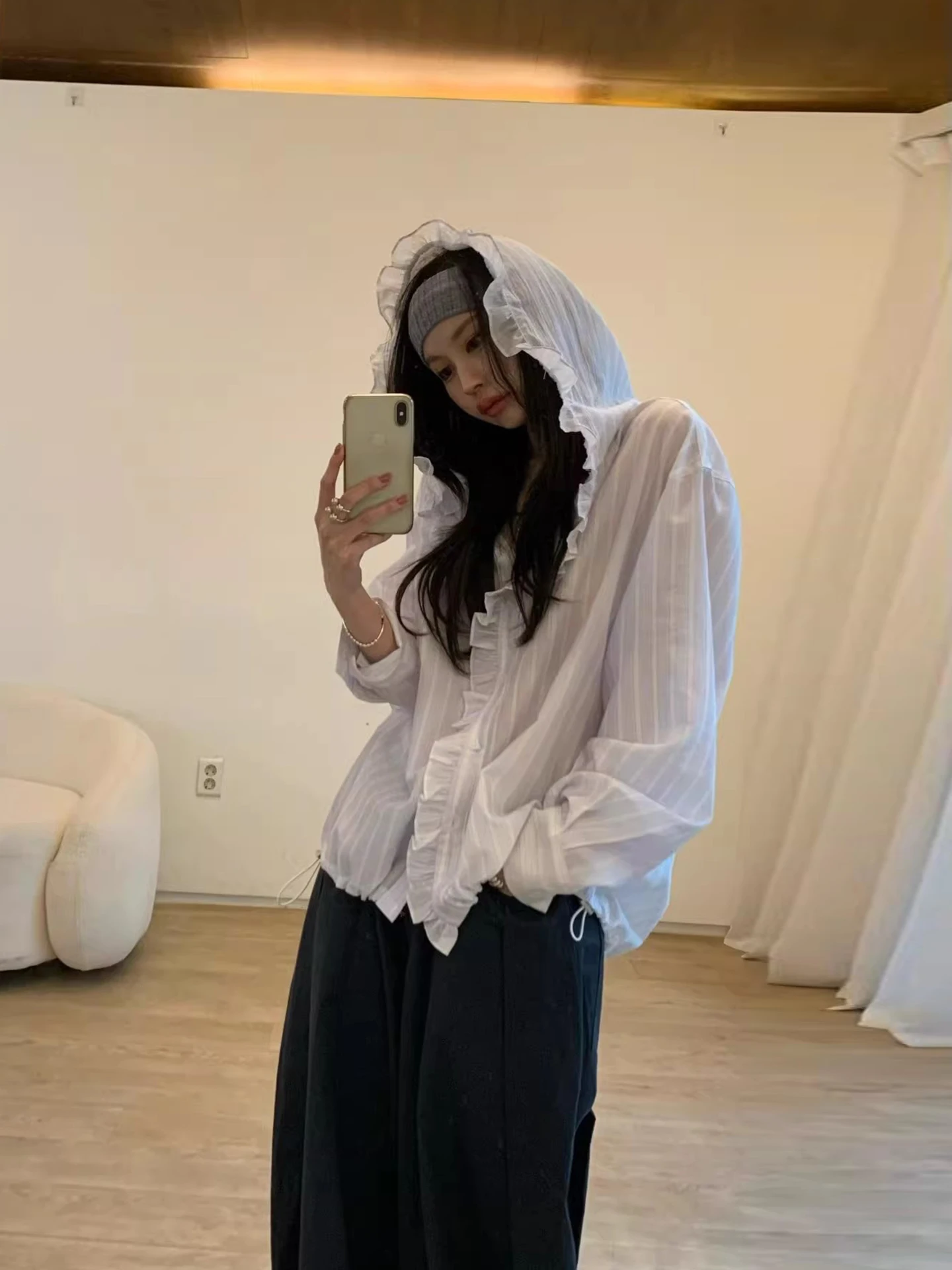 

Liangliang Summer New Gentle Wind Striped Earlet Lace Trim Hooded Long Sleeve Women's Shirt Sun Protection Outerwear Top