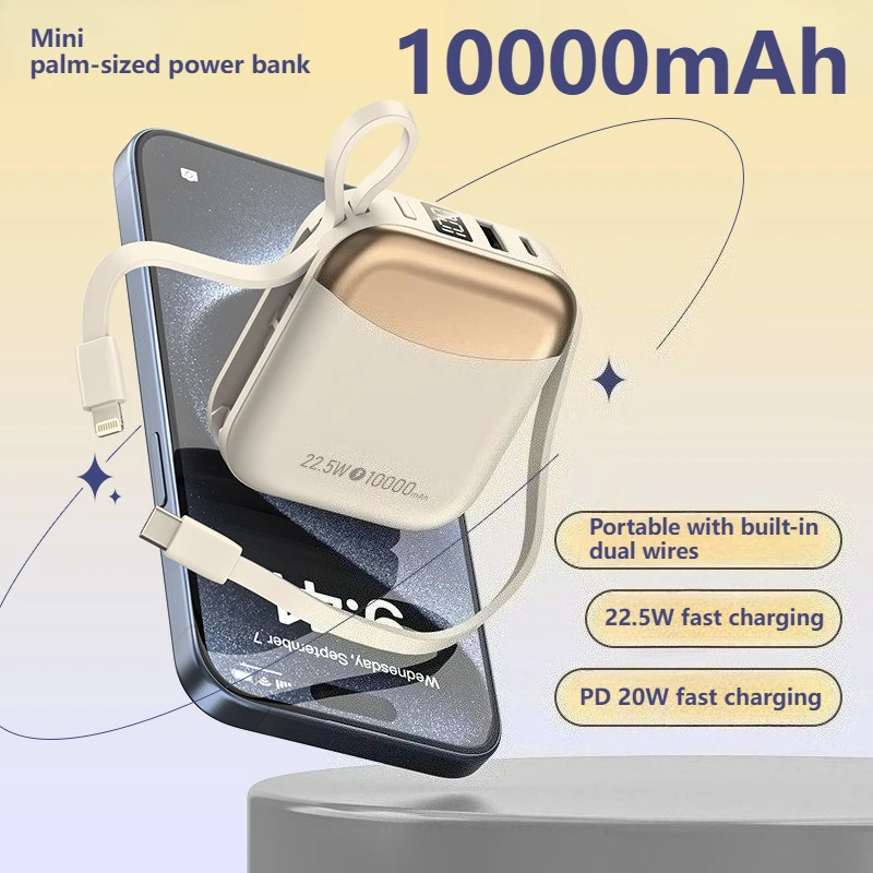 

10000mAh Mini Portable Hanging Rope Power Bank Super Fast Charging with Built-in Cable Mobile Power Supply