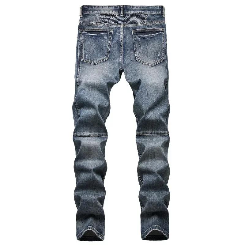 Denim Pants Men Jeans Long Pant Splice Simple Pockets Regular Zipper High Waist Casual Straight Trousers Autumn Spring Jean 2025