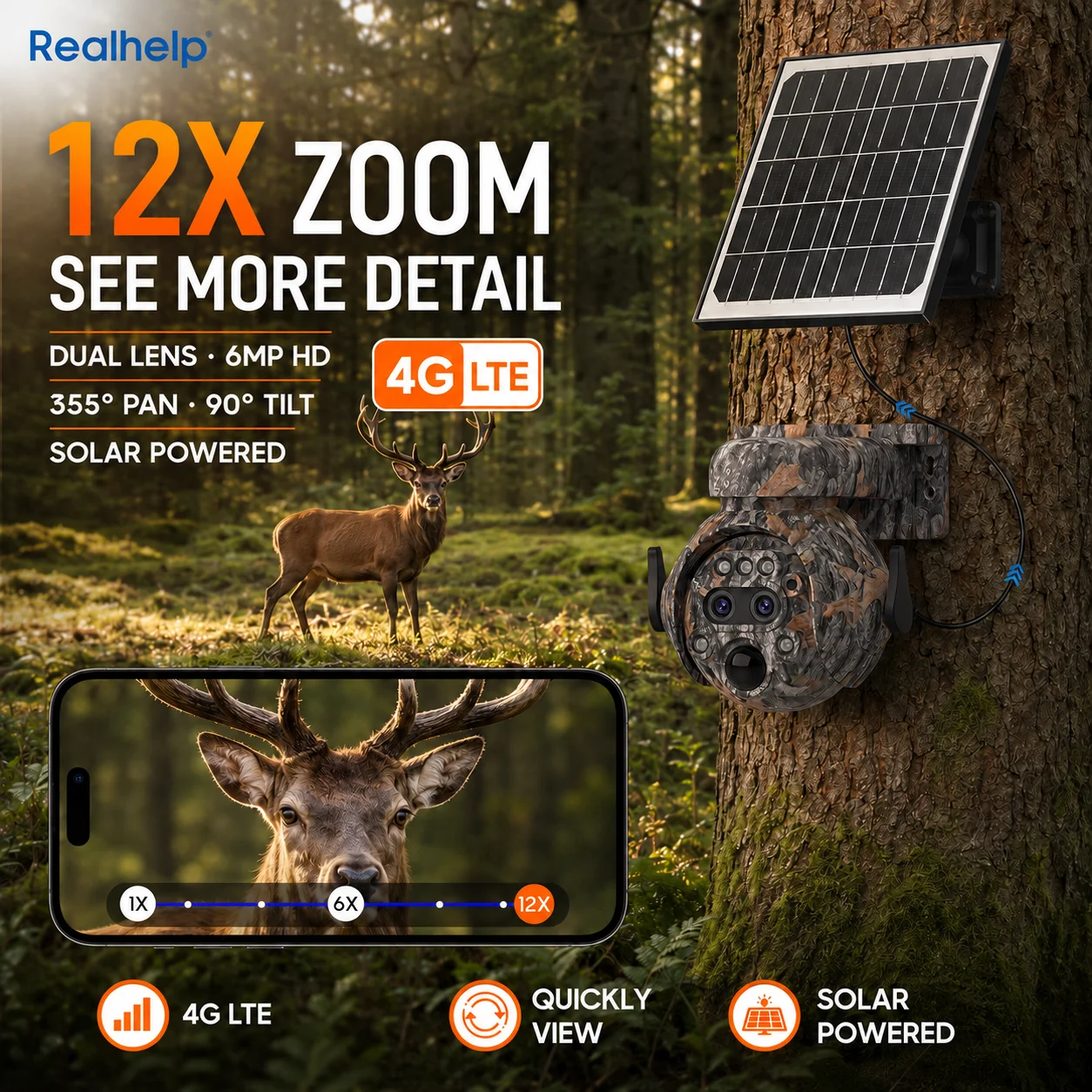 4G Outdoor-Wildtier-Sicherheitskamera 6MP Dual-Objektiv 12X Zoom Solar-PTZ-Wildkamera mit 64GB Speicherkarte
