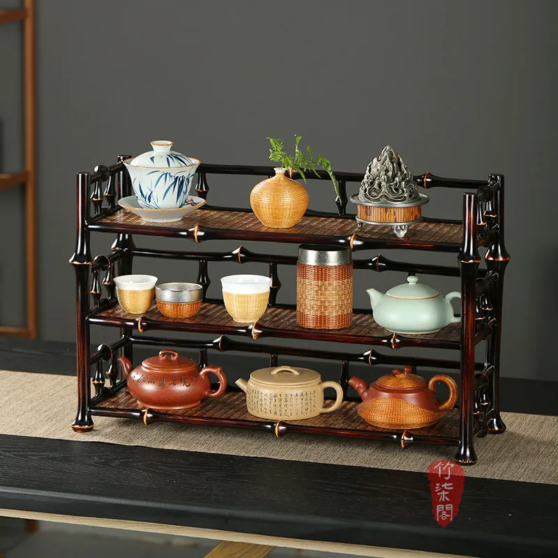 Bamboo Qi Pavilion Lacquer Bamboo Cup Holder Bamboo Weaving Tea Shed Tabletop Ornaments Bogu Rack Tea Set Storage Rack Display R