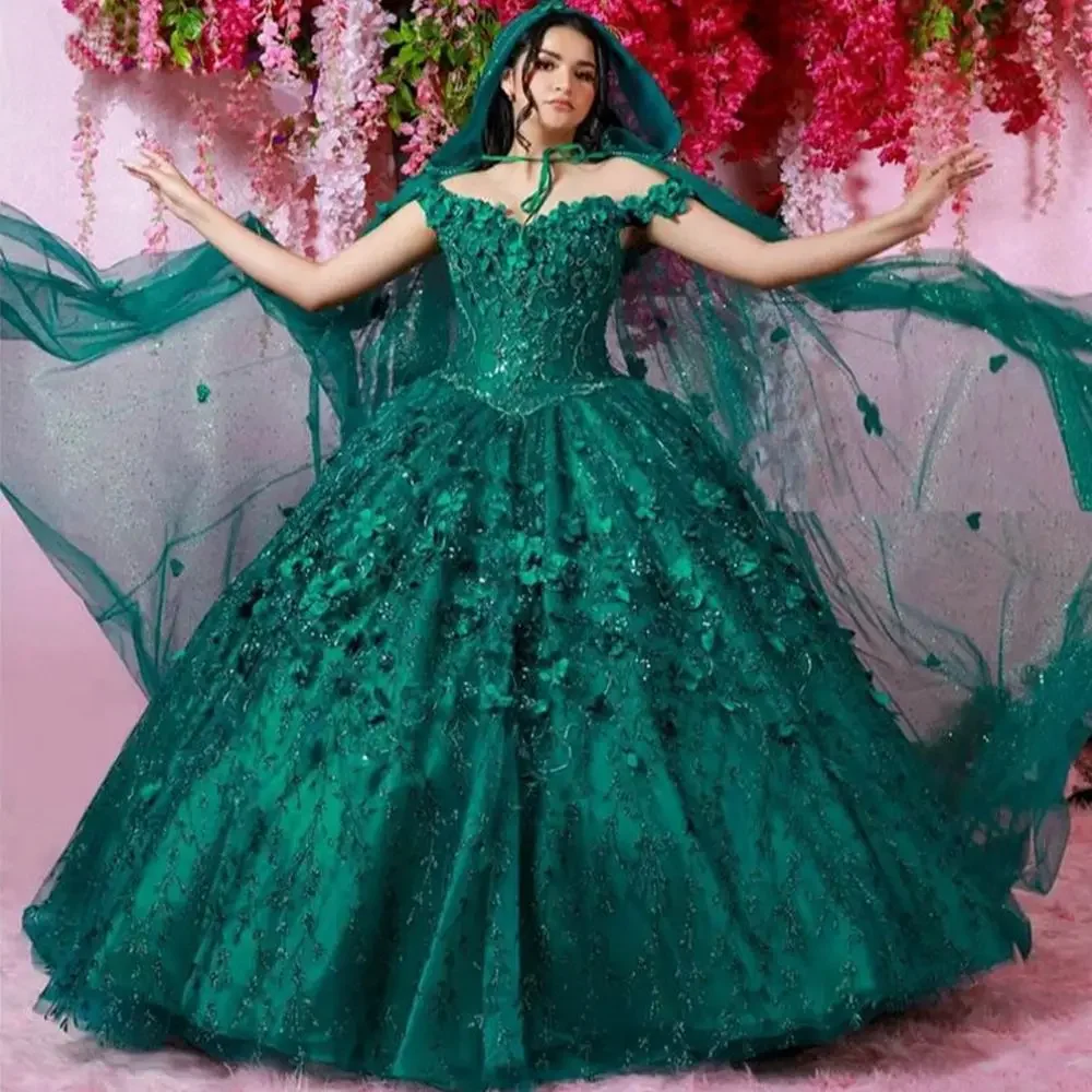 Vestidos Quinceanera com cordões, capa de flores, vestido de baile, verde esmeralda, 15 anos