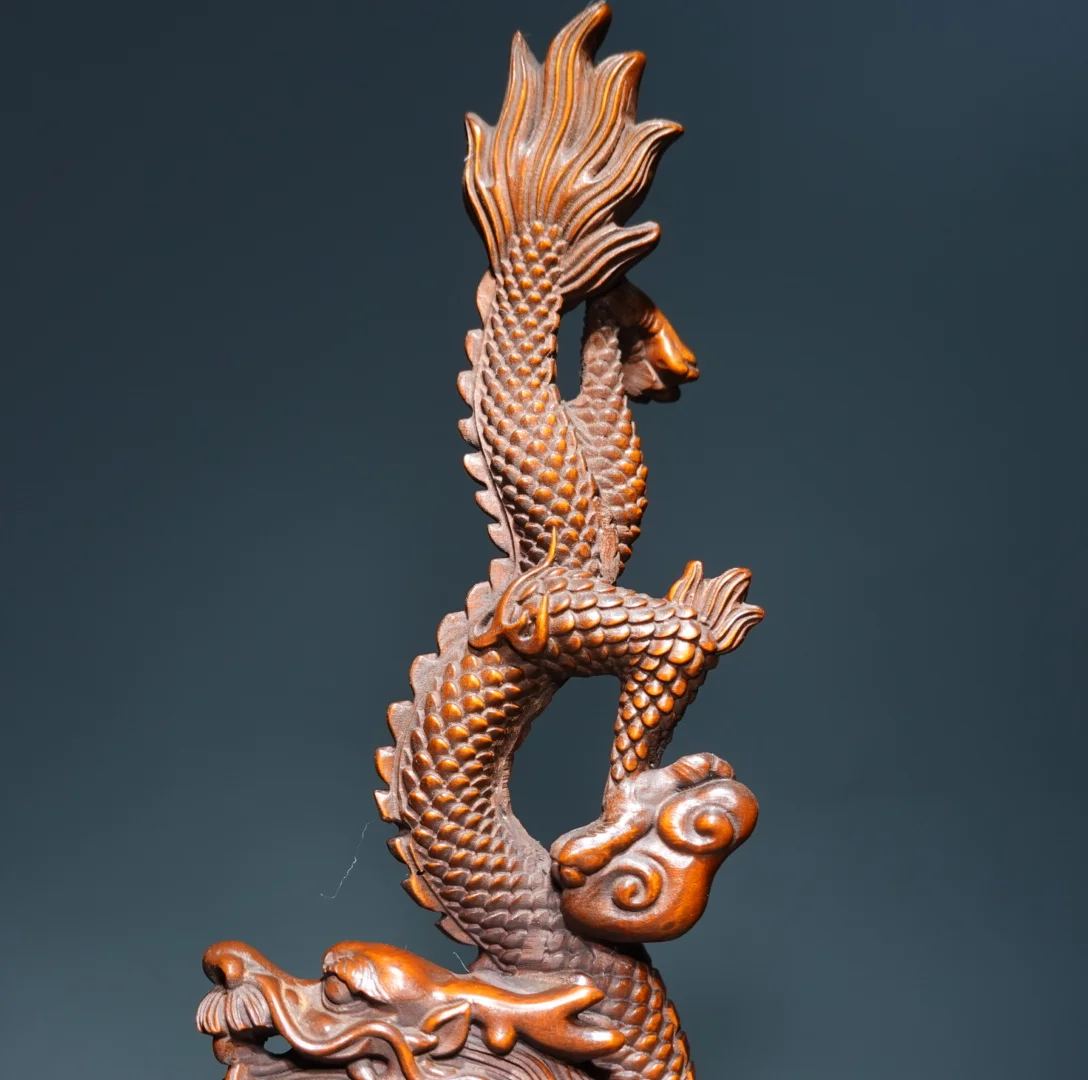 Old Boxwood auspicious clouds stand Chinese Loong Dragon statue Water wave base Study screen Amass wealth Ornaments Town house E