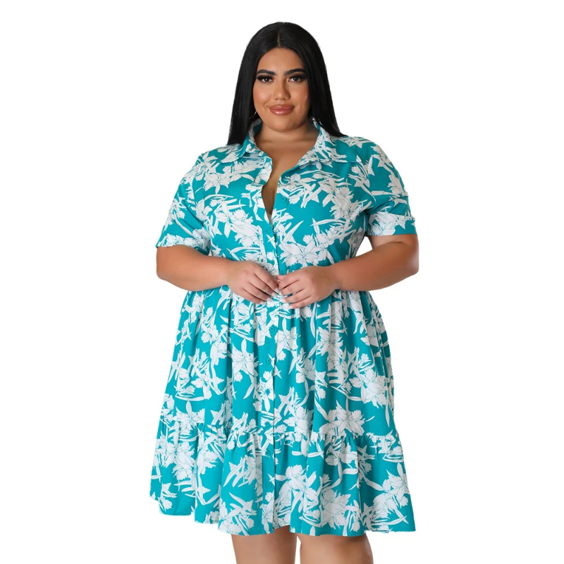 Plus Size Midi Dress Women Floral Print Female A Line Elegant Spring Summer Short Sleeve Casual Party Dresses Mini Elbise Casual