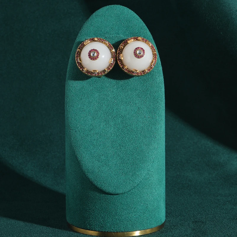 خمر الأبيض اليشم الوردي أقراط مسمار حجر الراين الجولة الفاخرة العلامة التجارية مجوهرات المصممين الذهب اللون امرأة اكسسوارات الحفلات 2025