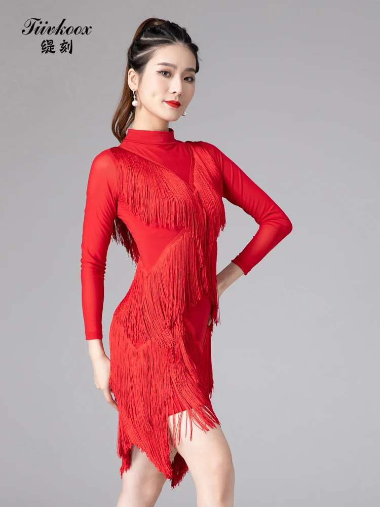 

Платье для латинских танцев, женское новое платье для бальных танцев, румба, ча-ча, соревнования, групповое выступление, платье с кисточками, 7022