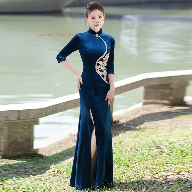 

2025 chinese improved qipao national flower embroidery velvet cheongsam formal qipao oriental vintage banquet evening dress