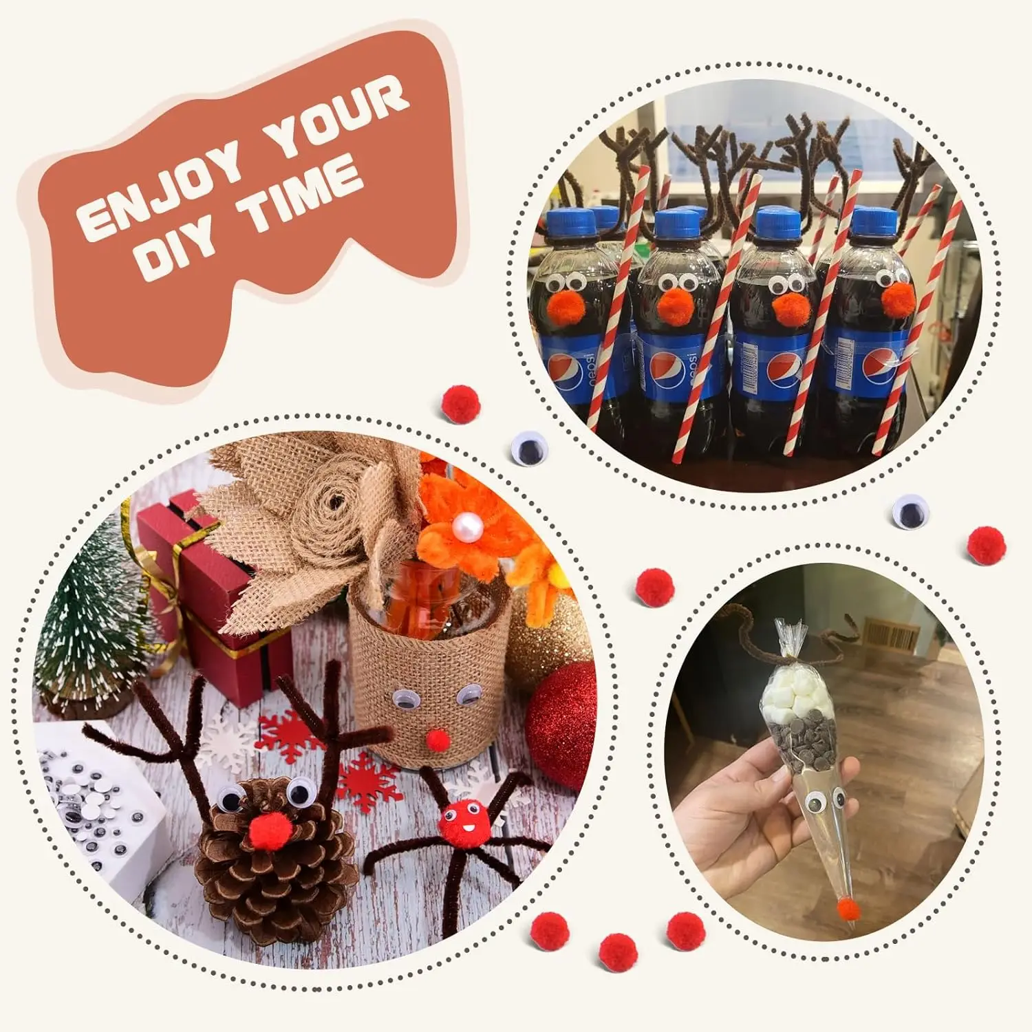 مجموعة منظفات الأنابيب البنية مكونة من 300 قطعة، بما في ذلك 100 قطعة من سيقان الشنيل البني، و100 قطعة من عيون جوجلي و100 قطعة من الكريات الحمراء