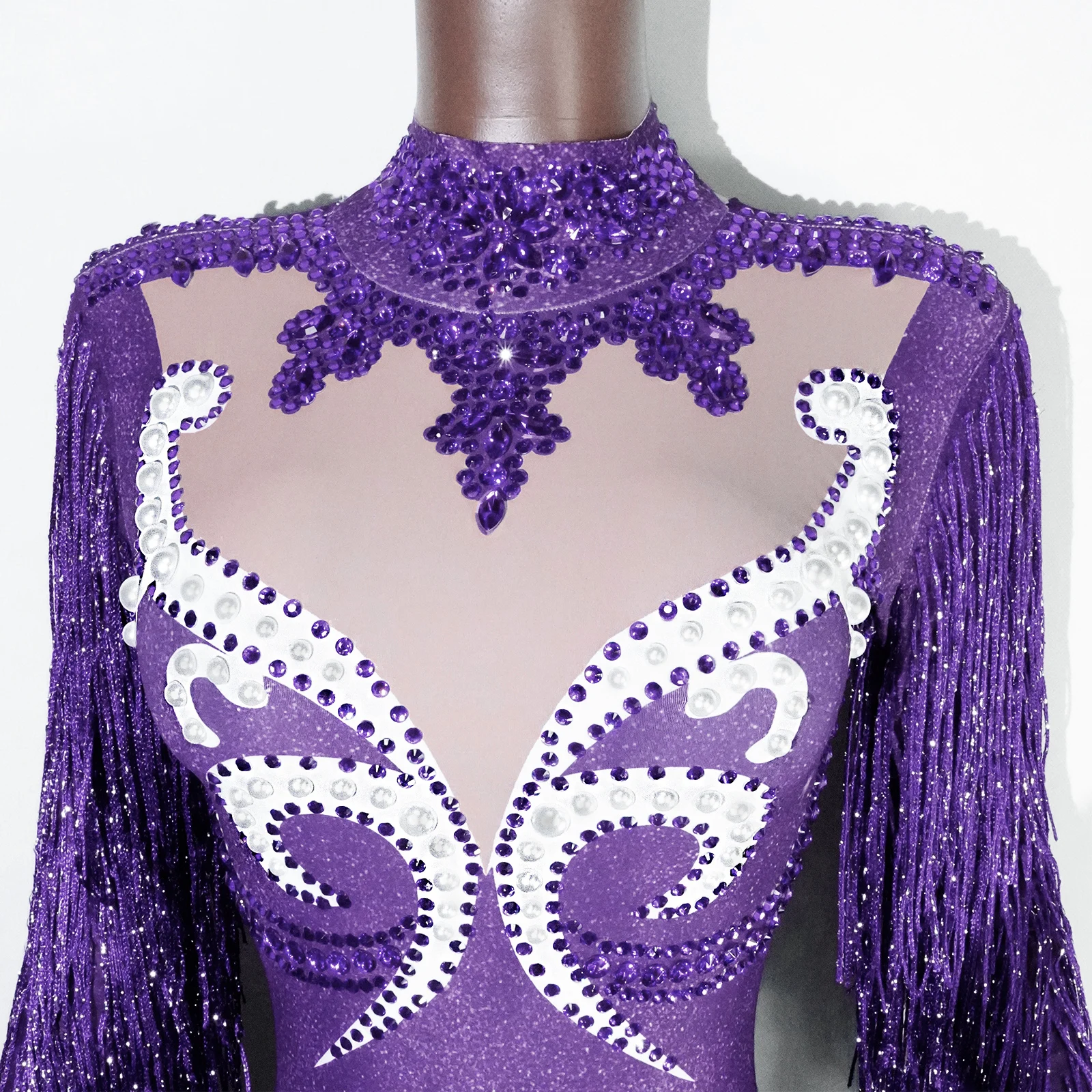 سباركلي الأرجواني الراين شرابة يوتار هامش ارتداءها ملهى ليلي المغني الرقص حفلة عيد ميلاد الزي المرحلة زي الأداء