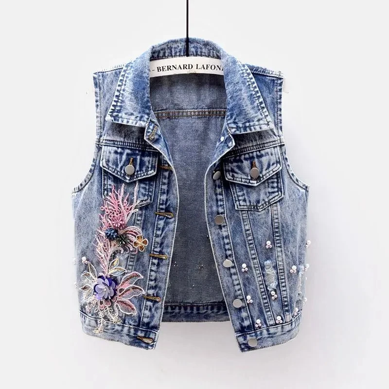 Spring Summer Short Denim Vest Top For Women 2025 New Flower Patch Women Denim Vest Coat Heavy Beaded Sleeveless Denim Waistcoat