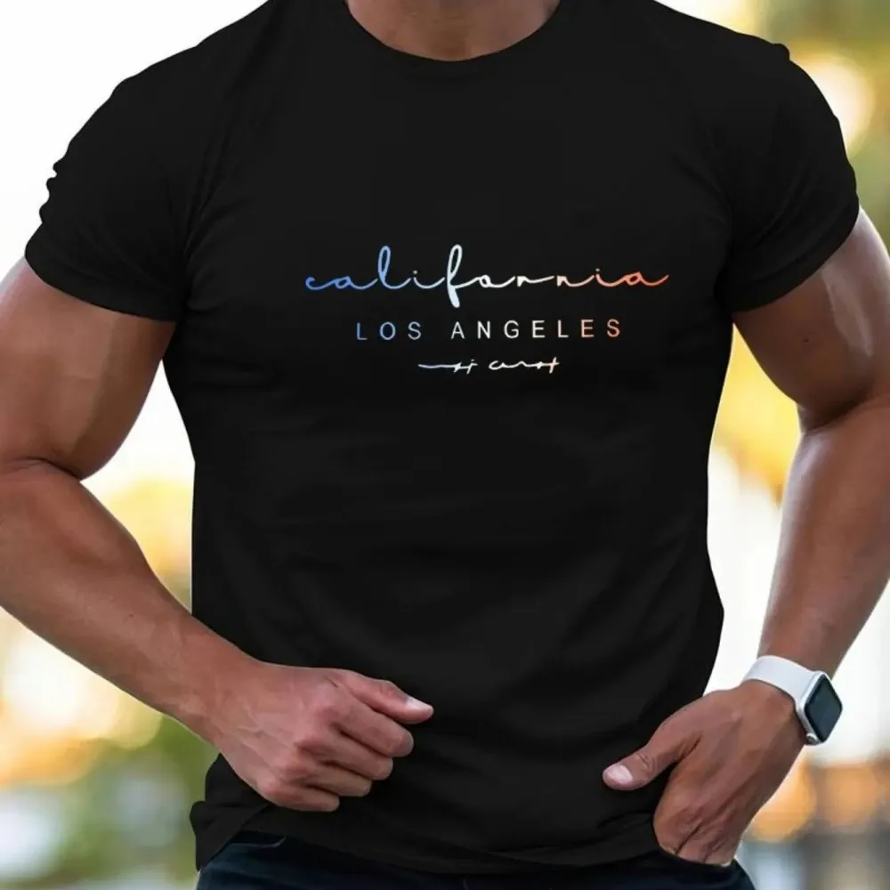 Hot selling new men's Los Angeles letter printed comfortable and breathable round neck T-shirt summer outdoor casual top