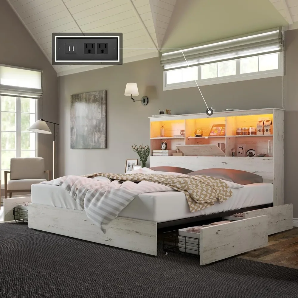 

King Size Bed Frame Wooden Platform Bed with 51.2" Storage LED Bookcase Headboard, 4 Storage Drawers & Charging Station