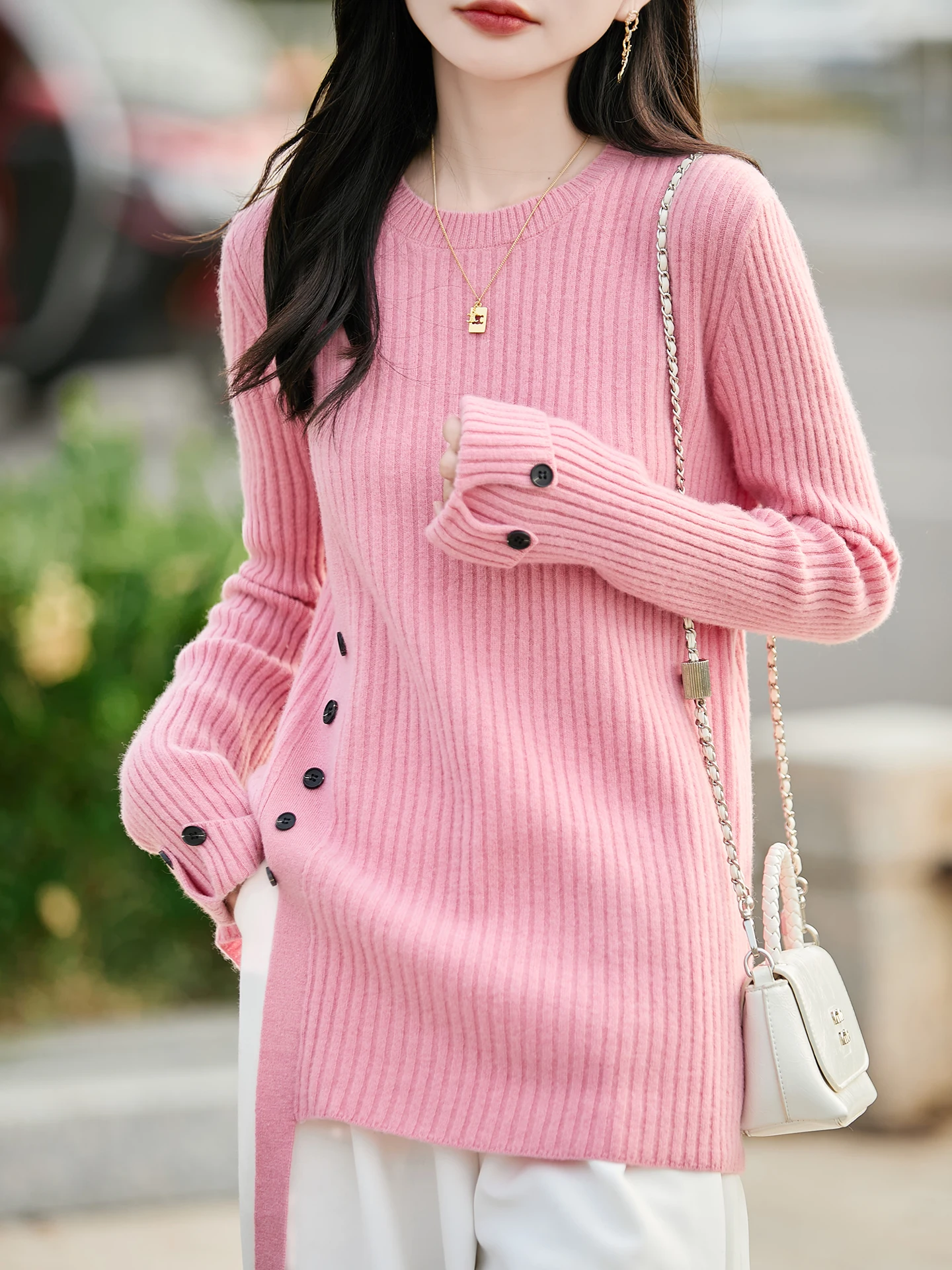 

Women’s 100% Merino Wool Sweater Pullovers O-neck Cashmere Side Slit Autumn Winter Long Sleeve Solid Grace Fashion Clothing Top