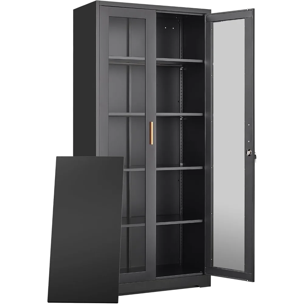 71''Glass Display Cabinet, Black Curio Cabinet With Lock, Display Case with 4 Adjustable Shelves,Showcase Display Cabinet