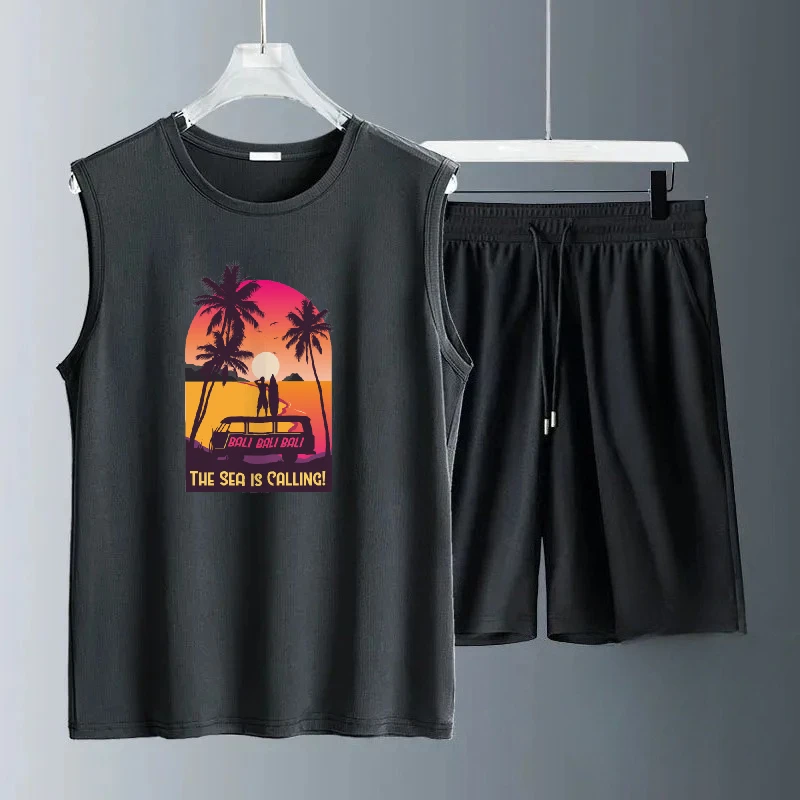 

2025 Summer Men's Sleeveless Casual Set Romantic prints two-piece sets by the sea Quick Dry Comfortable Athletic Wear suits