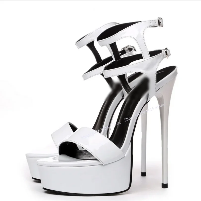 

White Patent Leather Platform Sandals Peep Toe Thin High Heel Fashion Sexy Cool Summer Big Size Woman Shoes Zapatillas Mujer