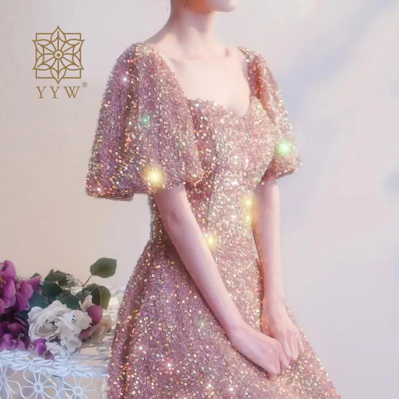 Robe rose à manches bouffantes pour femme, robe de soirée, robe de cocktail, robe de demoiselle d'honneur, robe de soirée, robe de Rhscintillante, robe de soirée formelle, robe de mariée