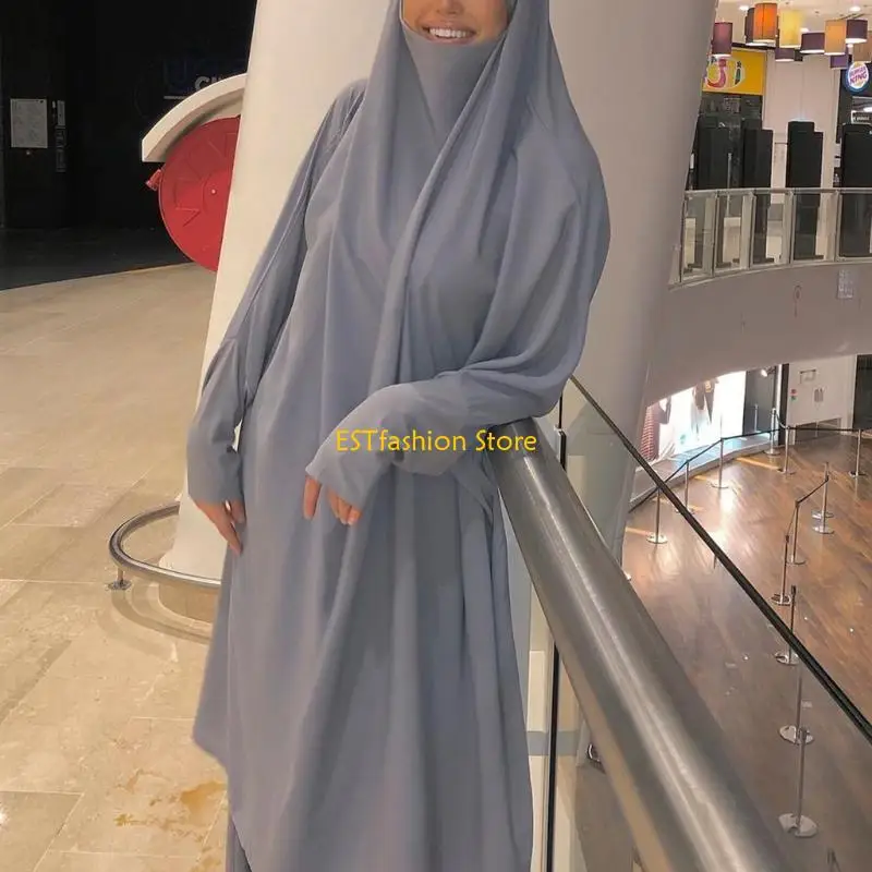 Y5GC Womens 2 Pieces Muslim Prayer Dress Long Sleeve Hijab Scarf Khimar and Skirt Set Islamic Abaya Full Length Kaftan Robe