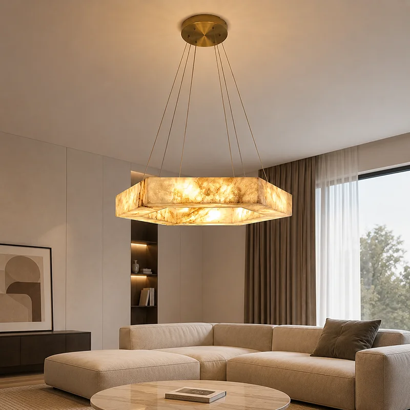 Modern Hexagon Alabaster Chandelier Minimalist Natural Marble Pendant Light for Dining Living Room Bedroom LED Lighting Fixtures