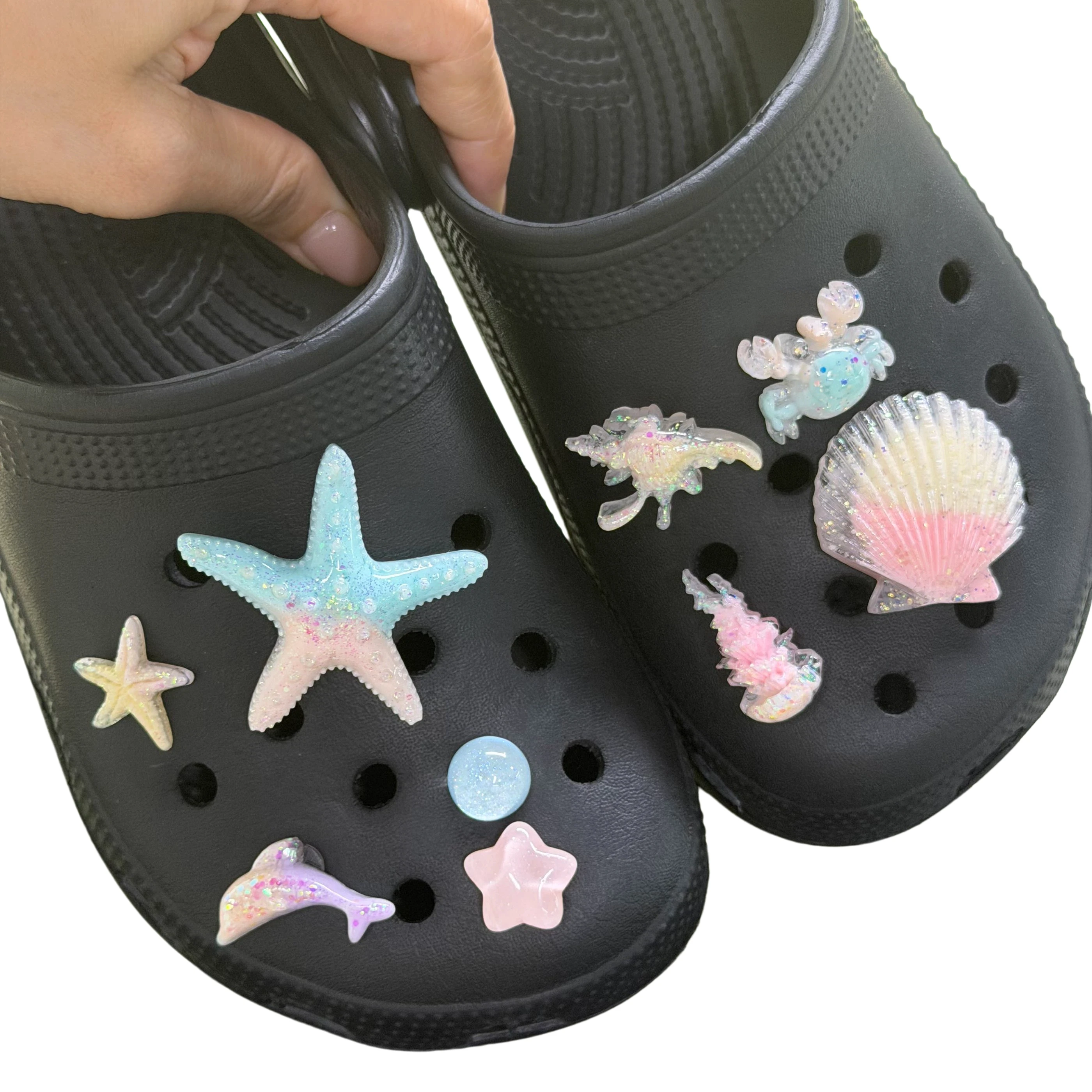 9Pcs Ocean Beach Starfish Shell Shine Sandals Shoes Charms Accessories Clogs Boys Girls Garden Shoe Buckle Fit Party Gift