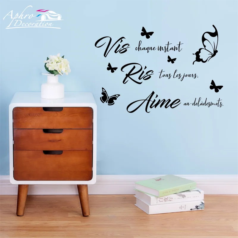 Vis Ris Aime Wall Sticker French Quote Wall Decal Art Vinyl Butterflies Decoration Living Room Bedroom Murals Poster