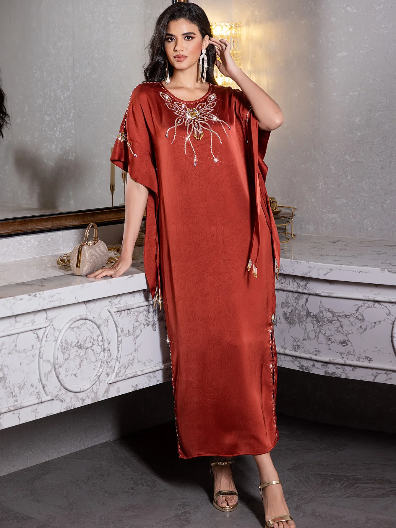 

Eid Djellaba Morocco Kaftan Luxury Dubai Abaya Muslim Women Maxi Dress Diamonds Jalabiya Turkey Caftan Robe Femme Musulmane Gown