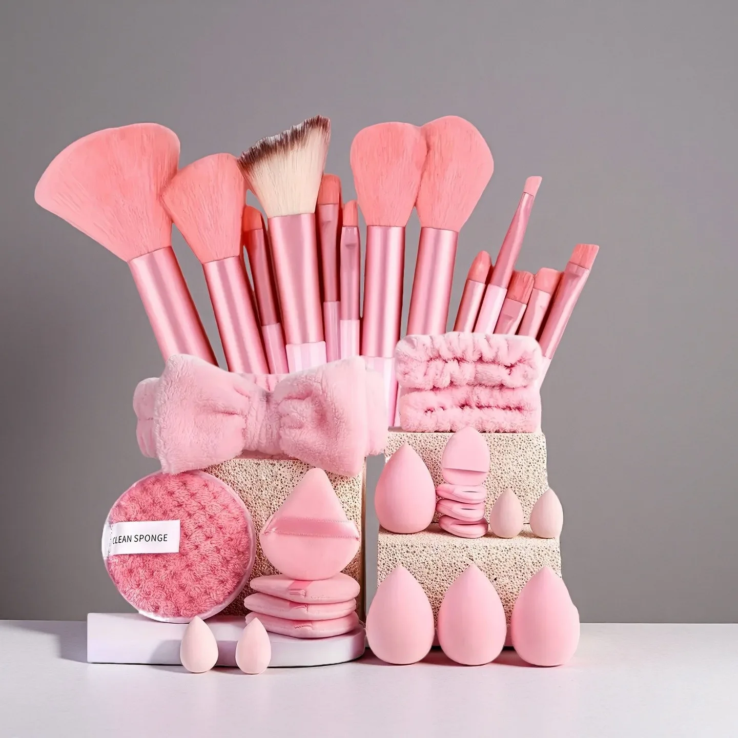 

Cross-border 33Pcs Full Makeup Set Including Powder Puff Brushes Flocked Puff Water-drop Egg Headband Cleansing Sponge