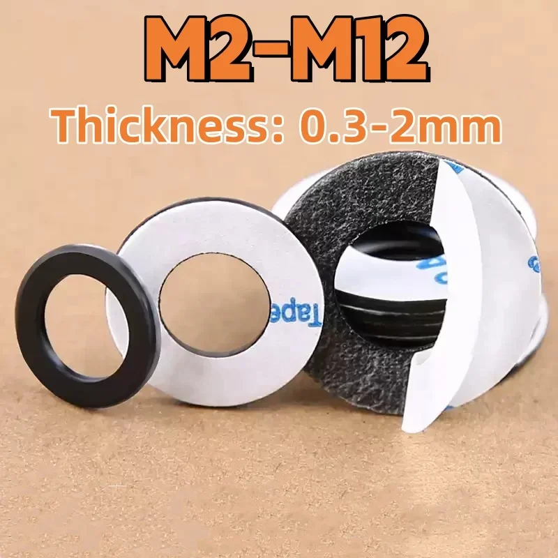 Black Flat Washer M2 M2.5 M3 M4 M5 M6 M8 M10 M12 Hard PVC Single-sided Adhesive Plain Gasket Shock-proof and Leak-proof Spacer