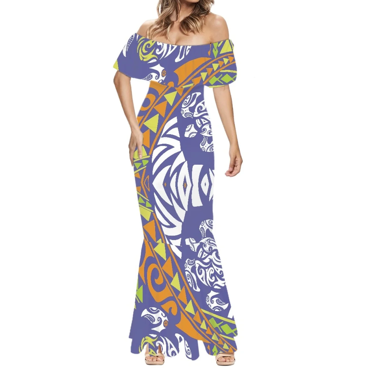 HYCOOL Summer Islands Women Off The Shoulder Polynesian Tribal Clothing Samoa Hawaii Tapa Bodycon Sexy Ruffle Mermaid Tail Dress