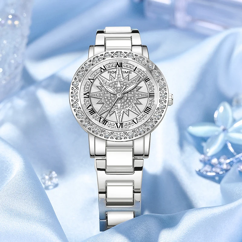 ROMITIME Mulheres Relógio de Quartzo Luxo Rotativo Padrão de Floco de Neve Caixa de Aço Inoxidável 30M Relógios Luminosos À Prova D 'Água para Senhora