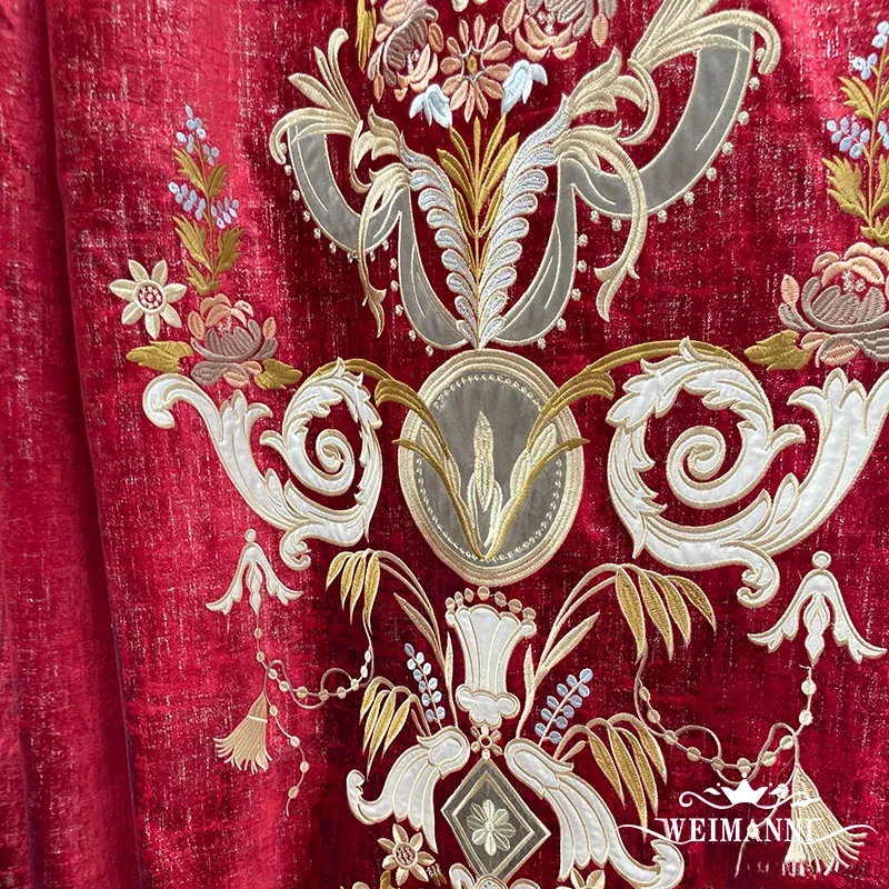 

European American Embroidery Luxury Curtains for Living Room Bedroom Red Velvet High-end Villa High Window Curtains Customize