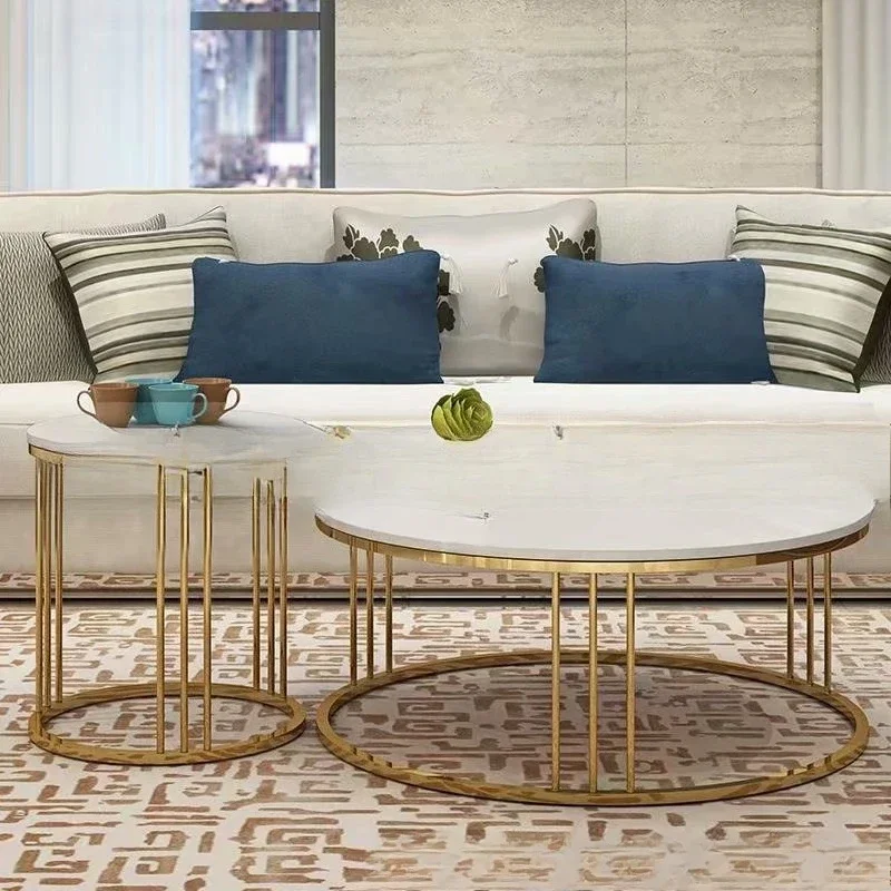 Mesa de centro nórdica posmoderna de acero inoxidable, encimera de mármol, invitados a reuniones para negociar la moda, mesa de borde redondo