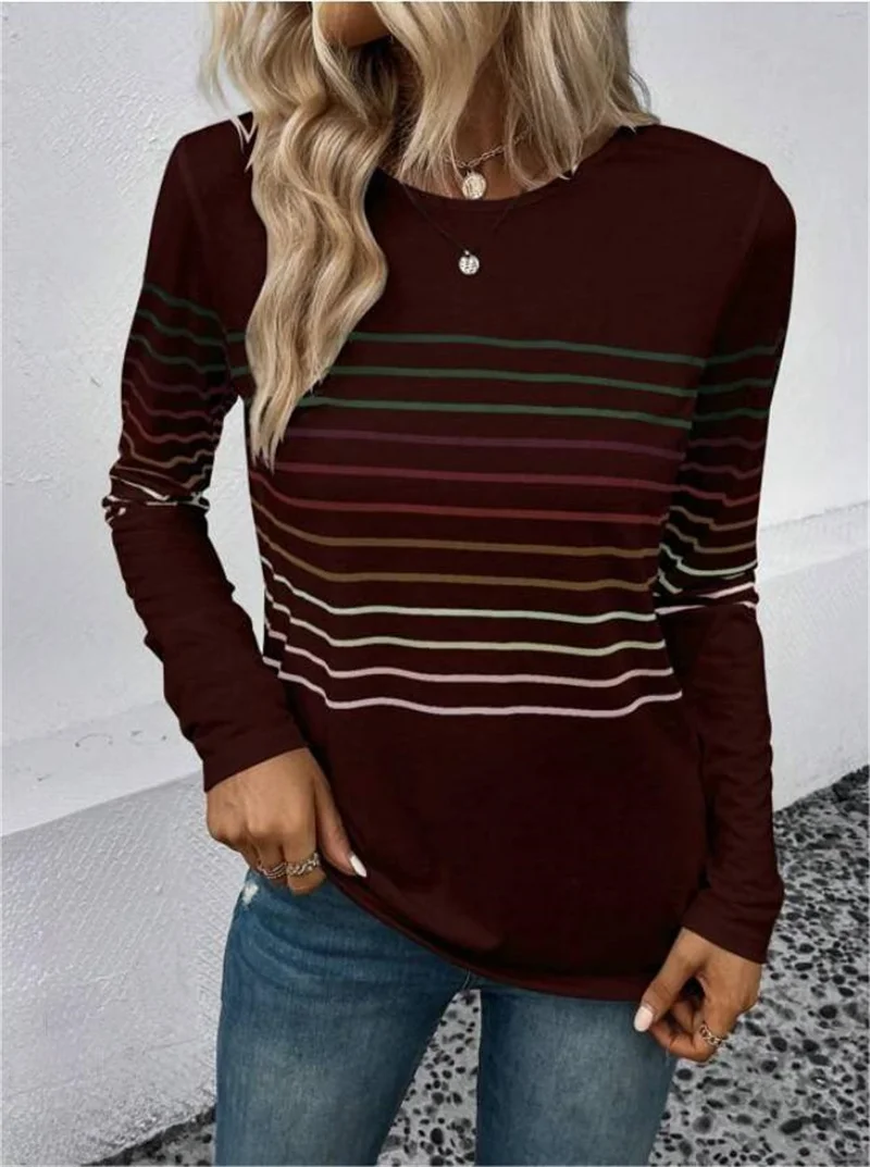 Fashion New Colour Stripes Print T-Shirt Female Autumn Winter Crew Neck Pullover Long Sleeve Tops Women Comfortable Casual Tees