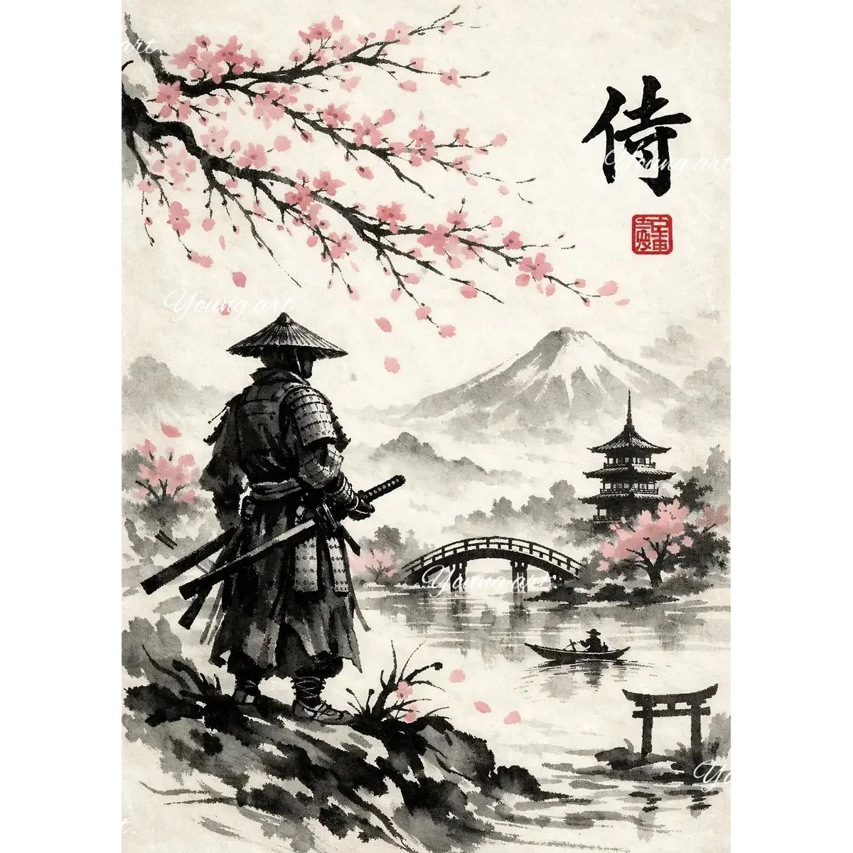 Japanese Cherry Blossom Samurai Canvas Prints Poster Japandi Mountain Landscape Ink Prints Berdroom Wall Art Home Decor Poster