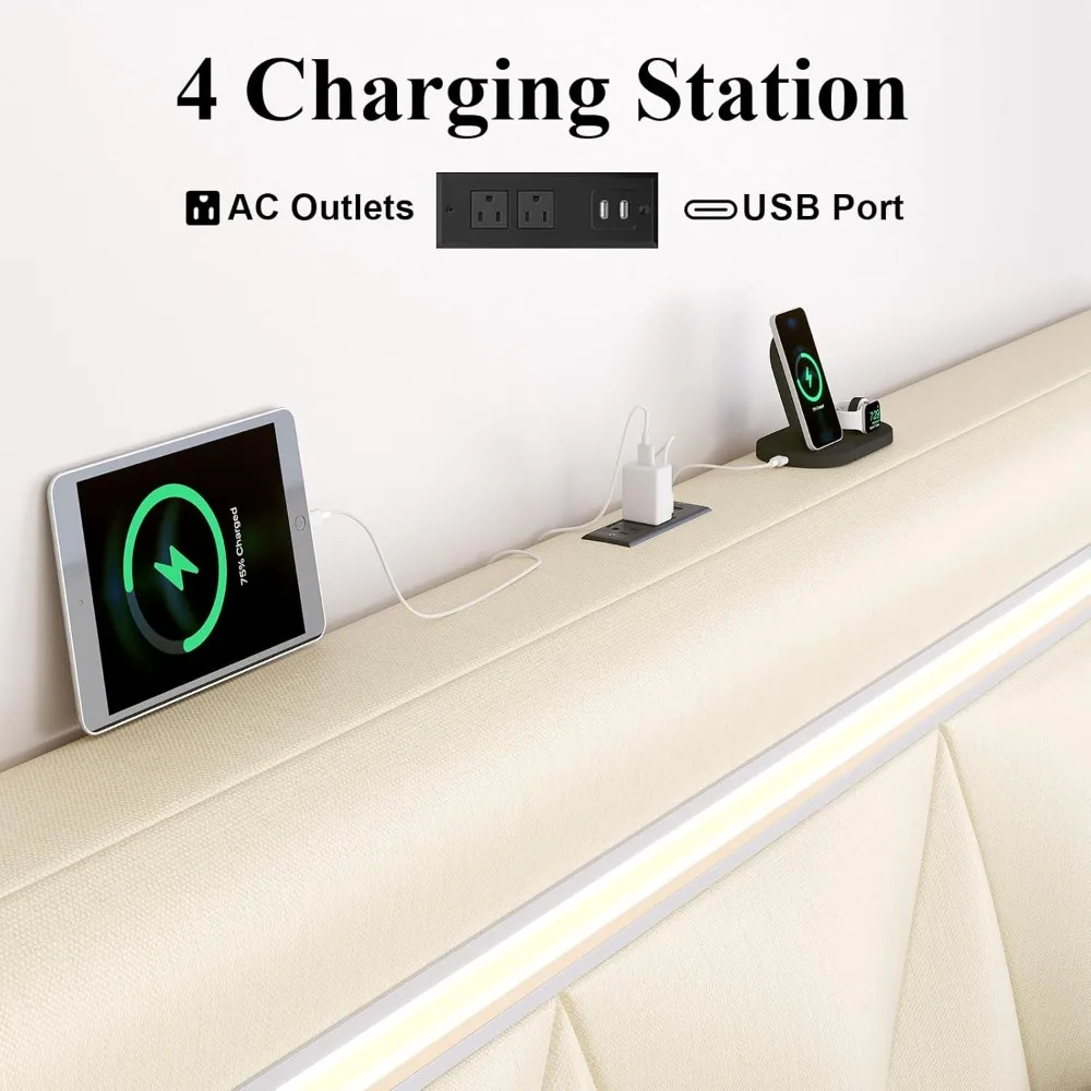 إطار سرير بحجم كوين مع مكبر صوت بلوتوث وأضواء LED ومحطة شحن، لوح رأسي قابل للتعديل من قماش الكتان الصناعي، وضع #5