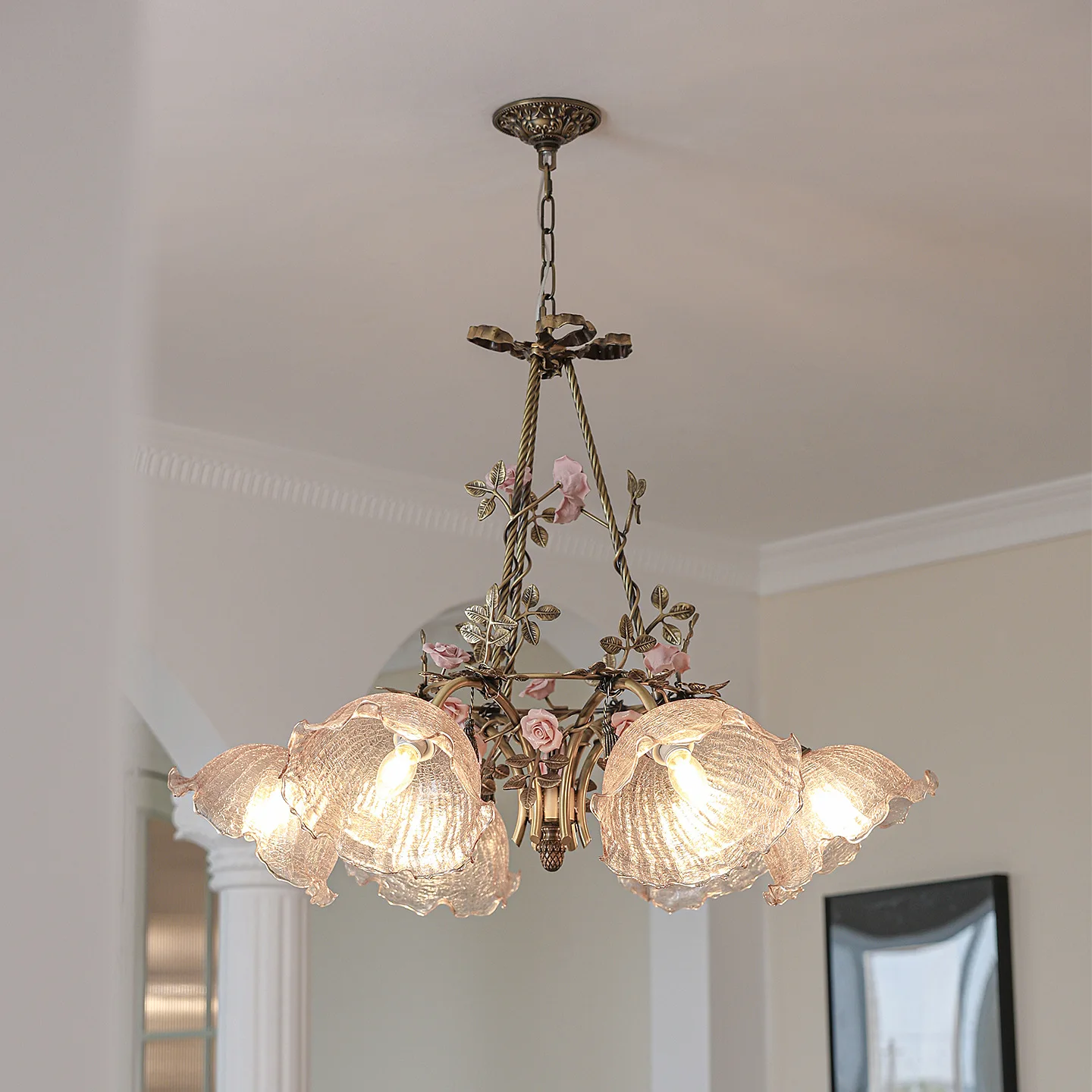 

Cloud glass French all-copper chandelier romantic retro pastoral flower light luxury living room bedroom dining room light 2025