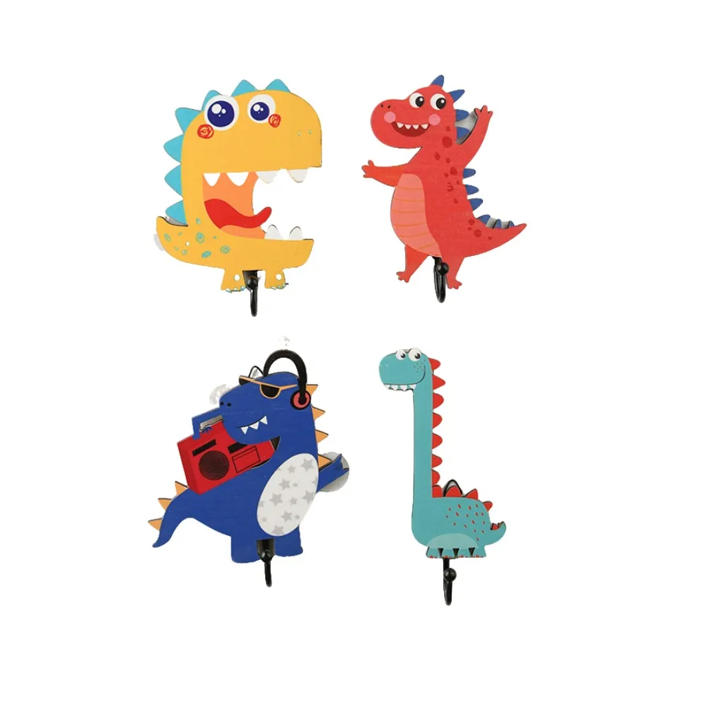 4-Piece Set of Randomly Assorted Dinosaur-Shaped Hooks, Vintage Wooden Key Storage Hangers, Home Entryway, Bedroom, Living Room