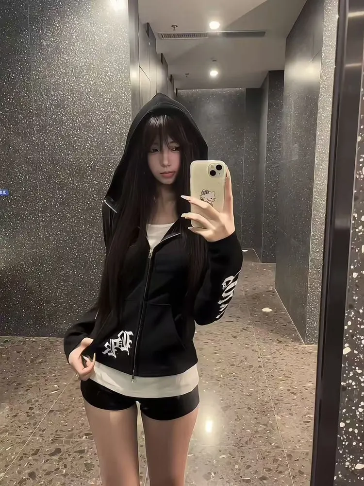 

Готический короткий кардиган-пальто, женская толстовка с капюшоном, приталенный крой, американский уличный дизайн, осенняя мода, тренд для девушек