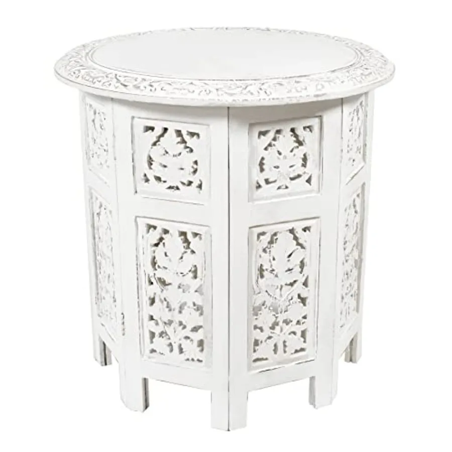 

Solid Wood Accent End Table for Small Spaces Entryway Farmhouse Living Room Bedside - Hand Carved Vintage Boho Folding Side Tab