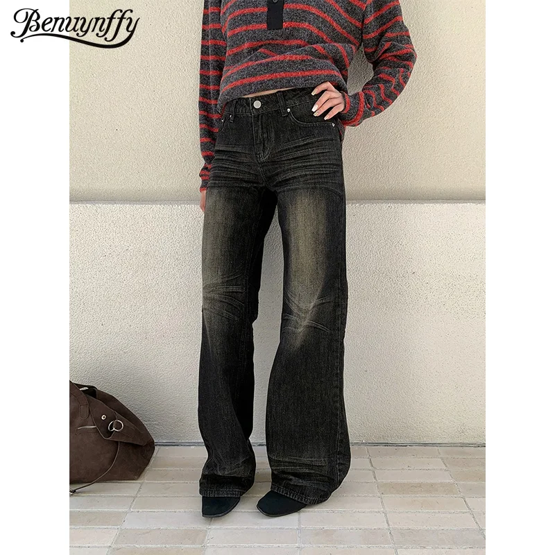 

Benuynffy Y2k, уличная одежда, джинсы в стиле ретро для женщин, осень-зима 2022, новые американские модные потертые джинсовые брюки с низкой посадкой