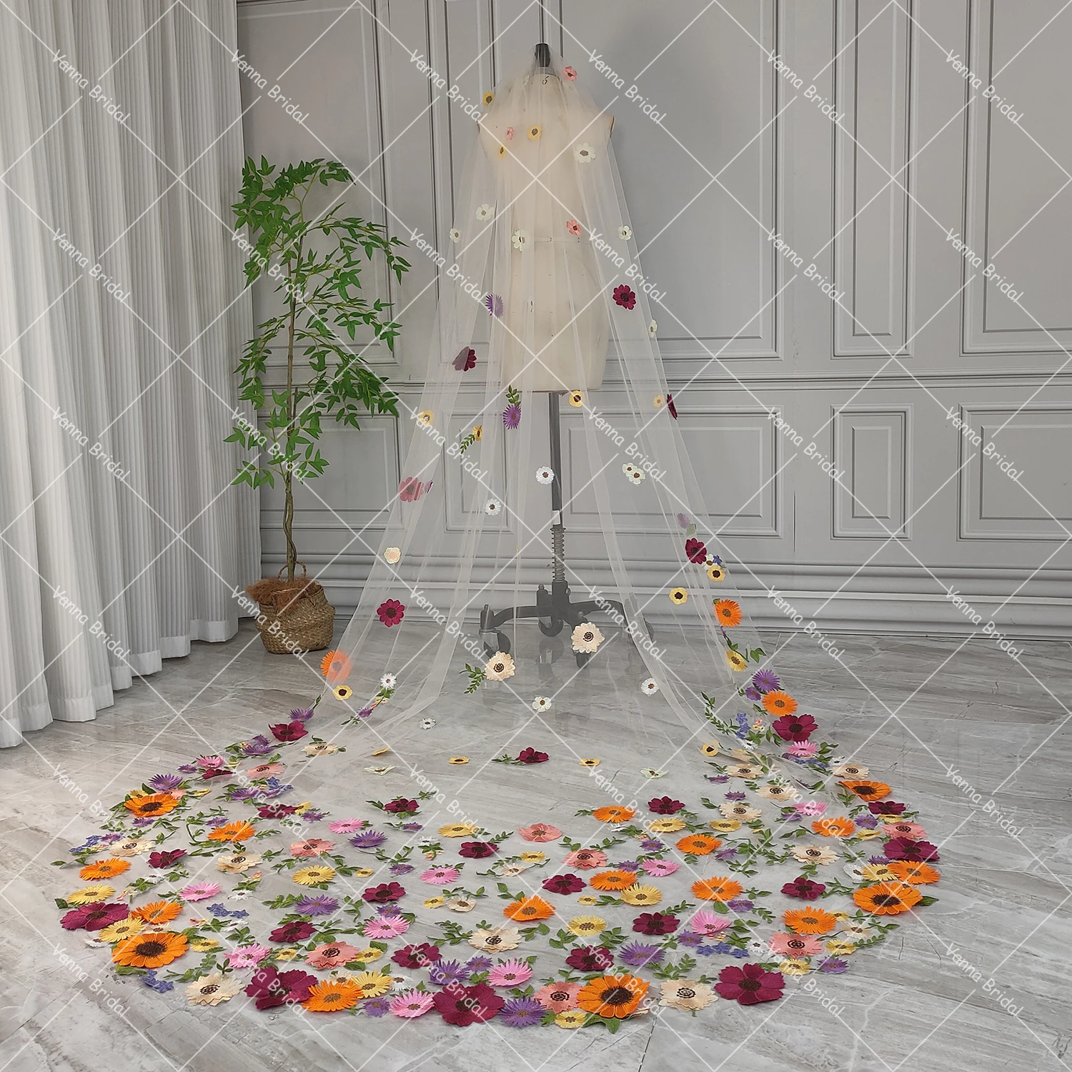 Véu de casamento floral colorido bordado 3d, comprimento catedral personalizado, 2.5 metros, jardim de fadas, arrastar, noiva para ser