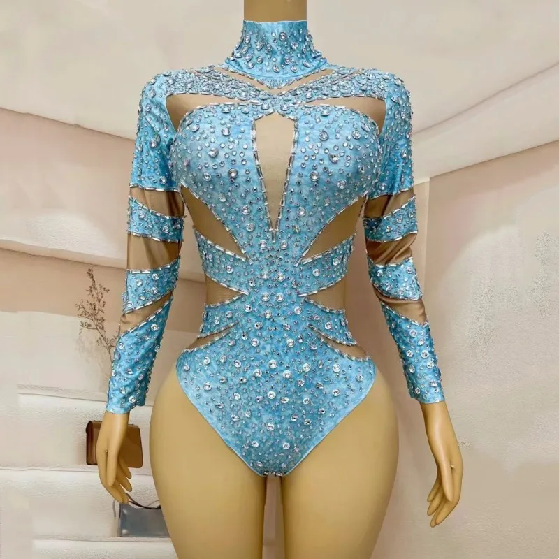

Sky Blue Rhinestone Long Sleeve Bodysuit Elastic Leotard Women Sexy Performance Dance Costume Singer Dancer Nightclub Stage Wear