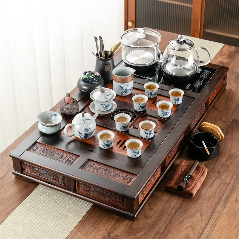 Kung Fu tea set Home office guest meeting Automatic integrated glass kettle Black sandalwood tea tray Tea table