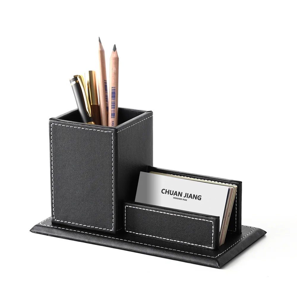 

Modern Office Desk decoration Ornaments Business Card Storage Box Multifunctional Rectangular Business Leather Pen Holder