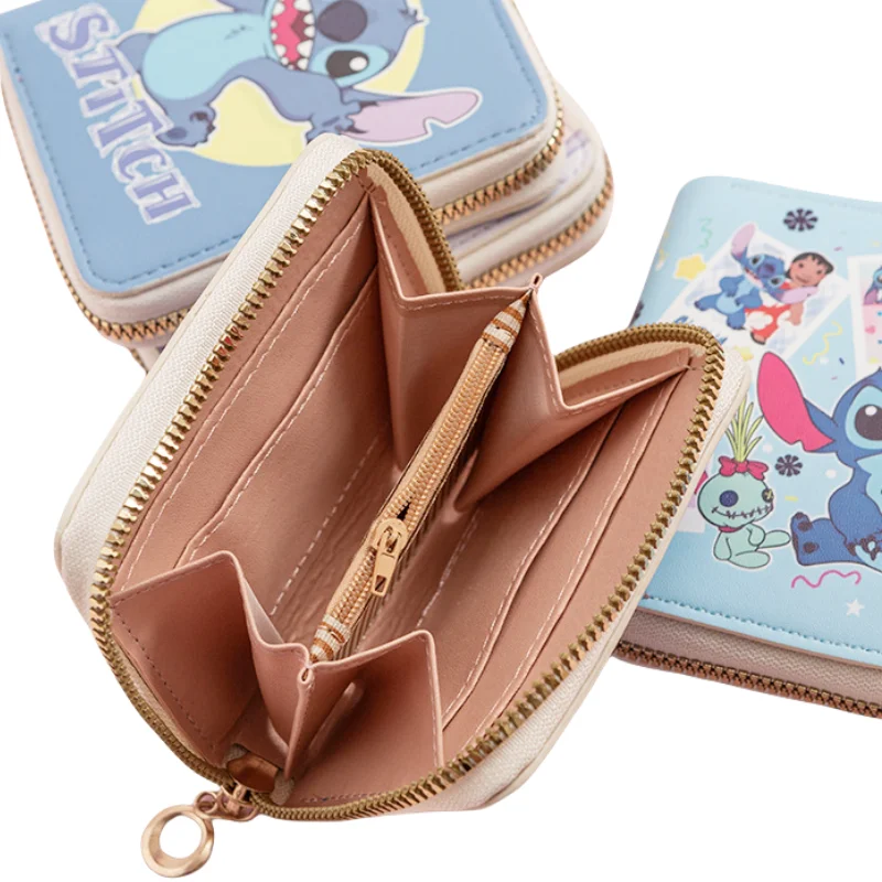 Disney stitch-cartera de piel sintética para hombre y mujer, monedero de dibujos animados, elegante, con cremallera alrededor, tarjetero