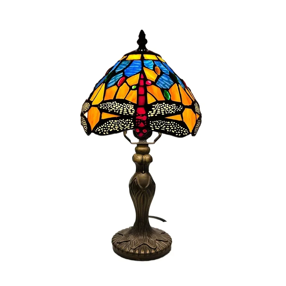 

Antique Bedside Table Light, Tiffany Style Yellow Baroque Table Lamp with Stained Glass Shade for Reading and Decoration