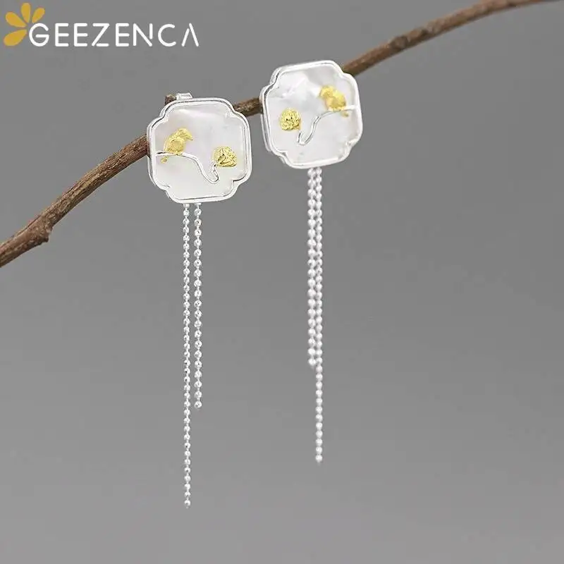 

GEEZENCA White Mother of Pearl S925 Silver Two Tone Plated Earrings For Women Lotus Bird Long Tassels Dangle Earring 2023 New