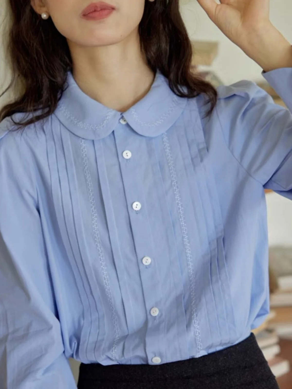 

Ретро вышитый кукольный воротник-аккордеон плиссированный длинный свеч irt женский весенне-осенний свободный топ модный повседневный irt