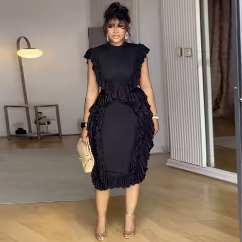 Elegant Women Summer Ruffles Dress Sleeveless Bodycon Round Neck Casual Vintage Slim Evening Party Club Midi Dresses